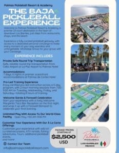 Palmas Pickleball Resort Baja experience flyer with accommodations, training, transportation, pricing and player-level details.